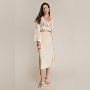 Ivory Satin High Rise A-Line Midi Skirt by J.Ing